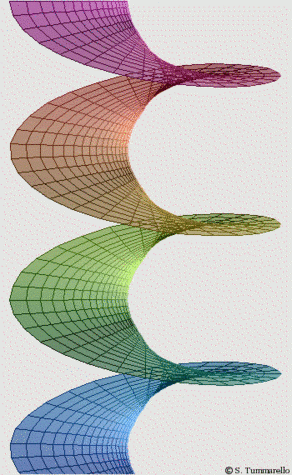 The Riemann surface associated with the complex logarithm: this is a wrapping of the plane with an infinity of sheets, admitting a branching point at the origin.