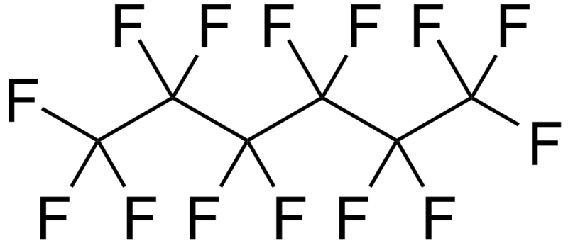 Perfluorinated compounds are formed of fluorinated carbon chains. © DR