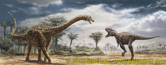 Reconstruction of an encounter between the two large French dinosaurs of the Maastrichtian: Ampelosaurus and Tarascosaurus. © Alain Bénéteau