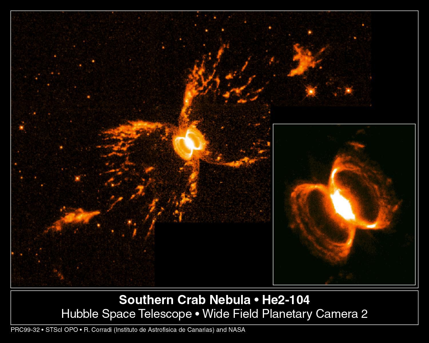 The large image of the Southern Crab nebula, He2-104, in Centaurus was taken from the ground. This nebula is several light-years across. Inset is an image of the central region taken by Hubble. © Romano Corradi, Instituto de Astrofisica de Canarias, Tenerife, Spain/Mario Livio, Space Telescope Science Institute, Baltimore, Md./Ulisse Munari, Osservatorio Astronomico di Padova-Asiago, Italy/Hugo Schwarz, Nordic Optical Telescope, Canarias, Spain/Nasa