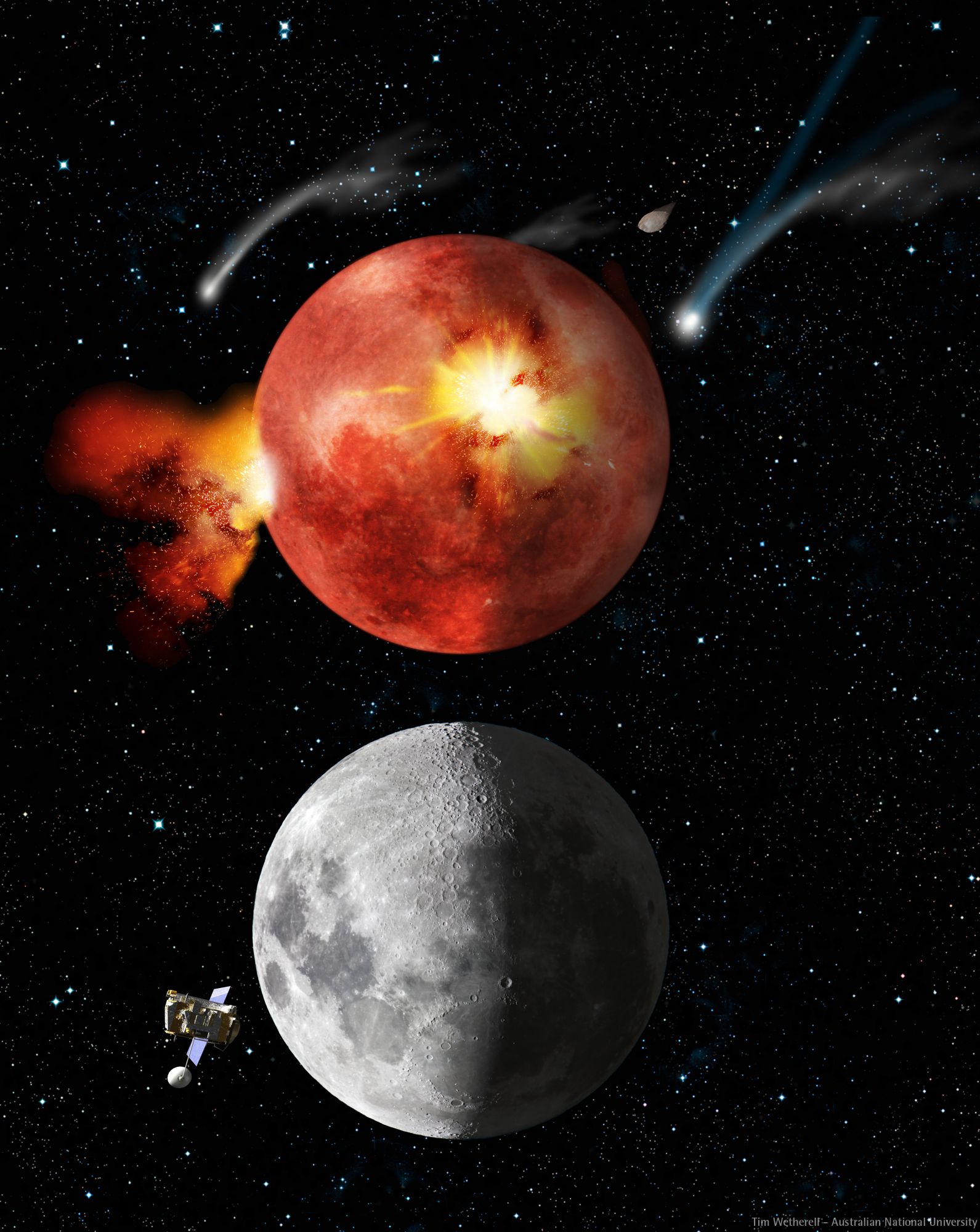 An artist's impression showing the effect of the LHB on the Moon (top), explaining the existence of today's the lunar seas (bottom). © Tim Wetherell - Australian National University
