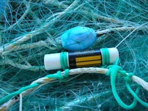 A pressure and temperature sensor mounted on a fishing net for the Ifremer Recopesca operation. © Ifremer/STH