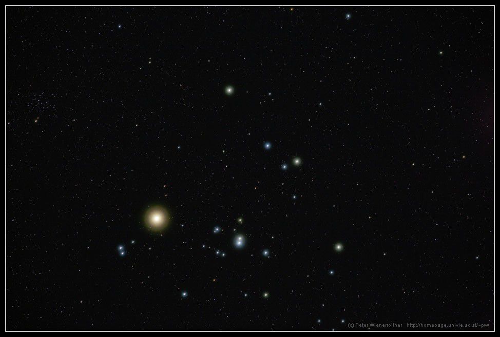The Hyades star cluster; the brightest star in the photo is Aldebaran, which is not part of the cluster. Credit P. Wienerroither