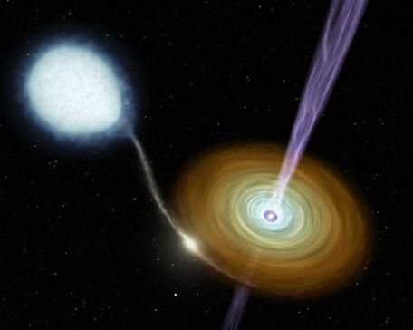 Artist's impression of an X-ray binary system accompanied by a continuous jet of matter.
(Credits: NASA/JPL-Caltech/R. Hurt (SSC))