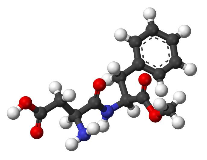 Aspartame is a dipeptide used as a sweetening agent.© Benjah-bmm27, Wikimedia, public domain