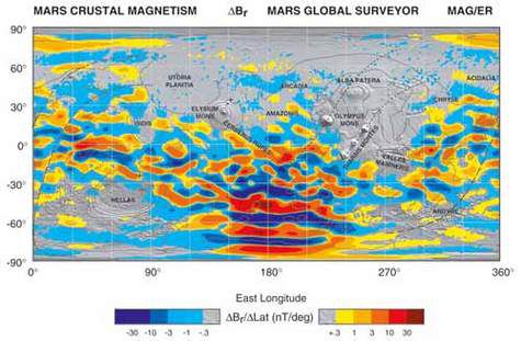 Map of the crustal magnetic field of Mars made using a magnetometer.