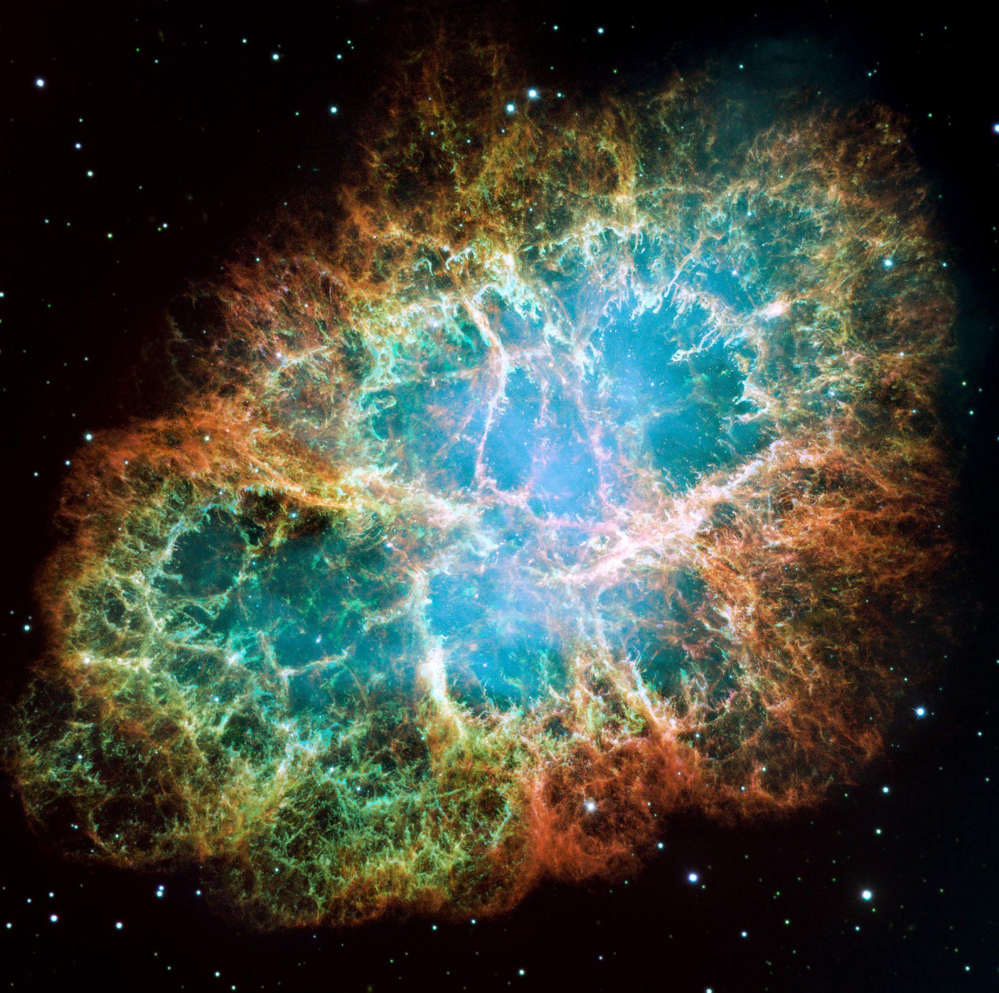 All the beauty and complexity of the filaments of gas that form the Crab nebula can be seen on this image from the Hubble space telescope. Credit NASA